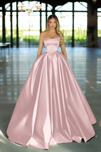 Strapless Sleeveless Long A Line Prom Dress With Pockets Pleated Custom Colors