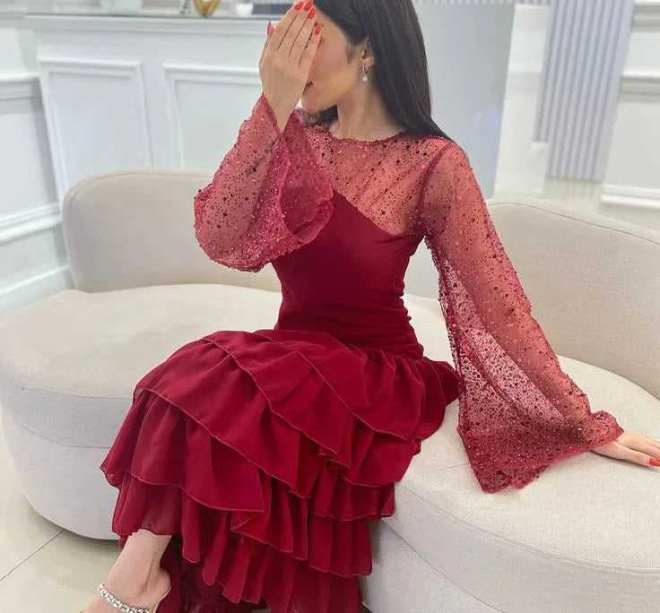 Vestido de fiesta para mujer con lentejuelas, vestido de noche burdeos de gasa con volantes Y7616