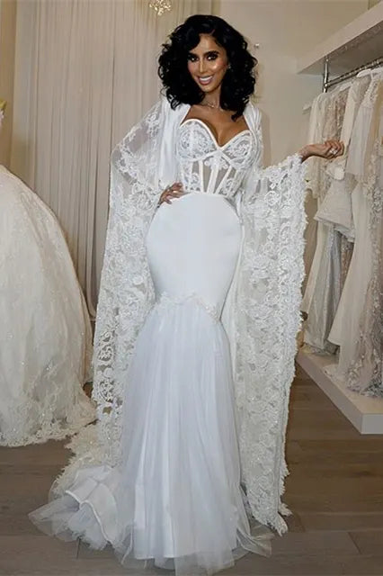 Modern Mermaid Sweetheart Wedding Dress With Lace Cape