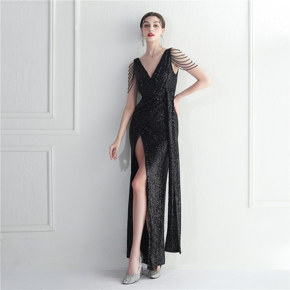 Vestido de noite longo modelo de carro socialite com contas artesanais para jantar