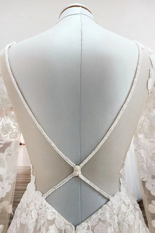 Ivory Long Sleeves A Line Lace Open Back Wedding Dress with Tulle Appliques