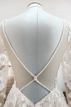 Ivory Long Sleeves A Line Lace Open Back Wedding Dress with Tulle Appliques