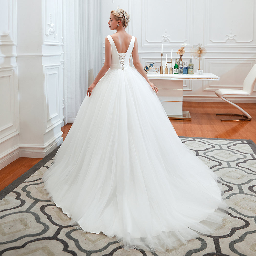 Charming V Neck Wide Straps Deep Floor Length A Line Tulle Wedding Dress