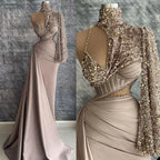 Champagne Prom Dress Beaded Prom Dress Pleats Prom Dress High Neck Evening Dress Y6620