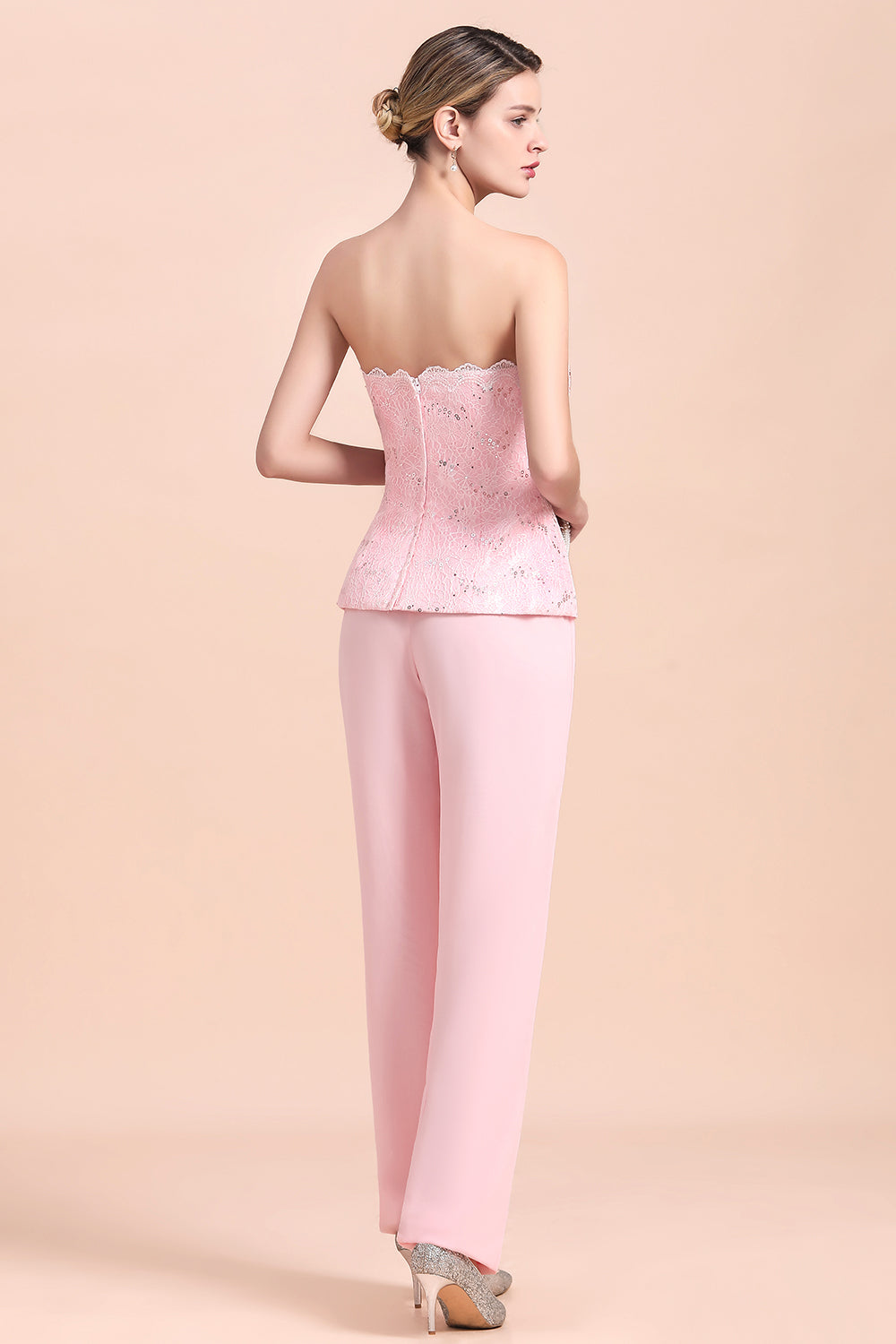 BMbridal Elegant Strapless Appliques Mother of Bride Jumpsuit with Long Sleeves Wraps