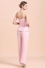 BMbridal Elegant Strapless Appliques Mother of Bride Jumpsuit with Long Sleeves Wraps