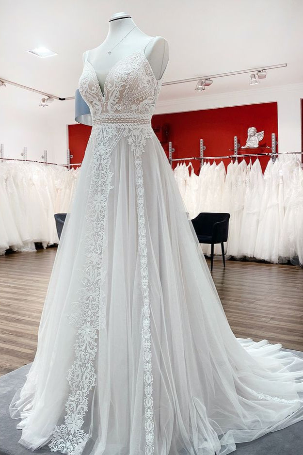 BMbridal Simply Sleeveless White Tulle Lace Ruffles A Line Wedding Dress Long