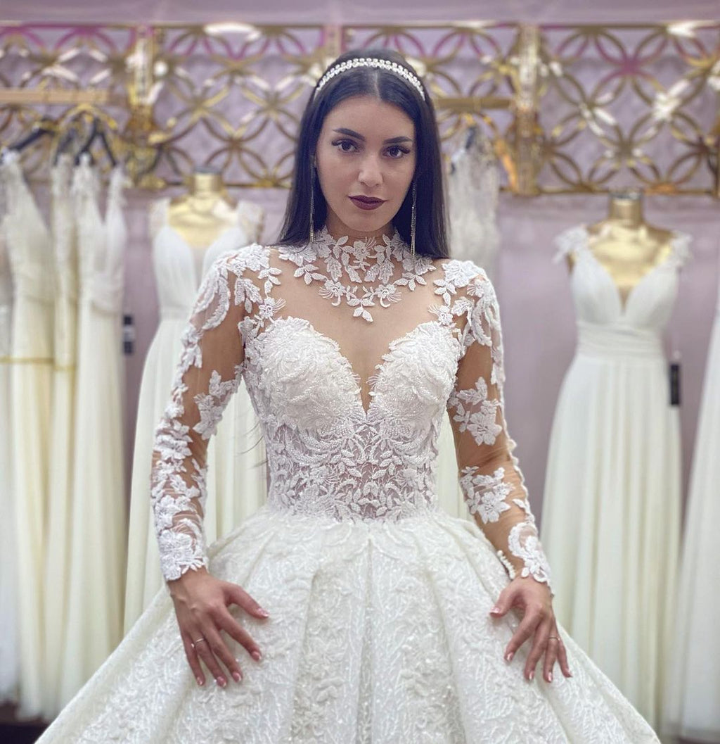 Elegant Long Sleeve Wedding Dress With Lace Appliques And High Neck