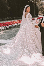 V Neck Long Sleeve Ball Gown Wedding Dress With Applique Lace Beading