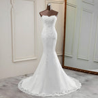 Chic Long Mermaid Strapless Lace Appliques Beaded Wedding Dress