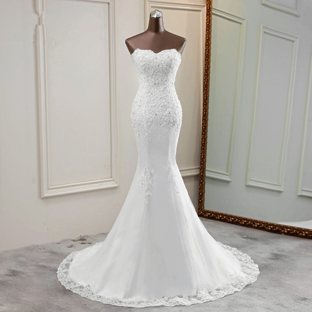 Chic Long Mermaid Strapless Lace Appliques Beaded Wedding Dress