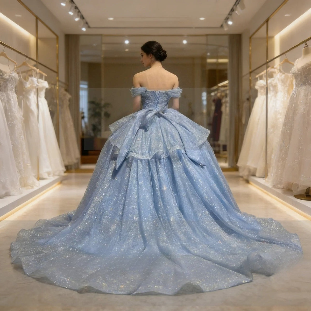 Imagem real céu azul boné manga pérolas em camadas vestido de baile tule shinny feminino festa de formatura ocasião wear quinceanera 15 personalizado