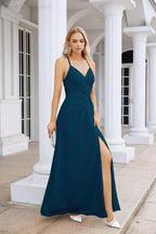 Vestido de Festa Comprido até ao Chão para Damas de Honra, em Chiffon, com Alças Finas, Decote em V e Fenda Frontal, para Baile, Festa e Casamento 28116