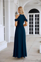 Abito da sera da damigella in chiffon con spalle scoperte, maniche a campana e spacco frontale, abito da festa nuziale 28117