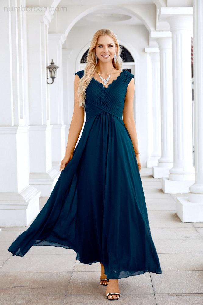 Ladies Chiffon V Neck Sleeveless Floor Length Bridesmaid Evening Dress Wedding Party Evening Dress 28126