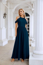 Abito da sera da damigella in chiffon con spalle scoperte, maniche a campana e spacco frontale, abito da festa nuziale 28117