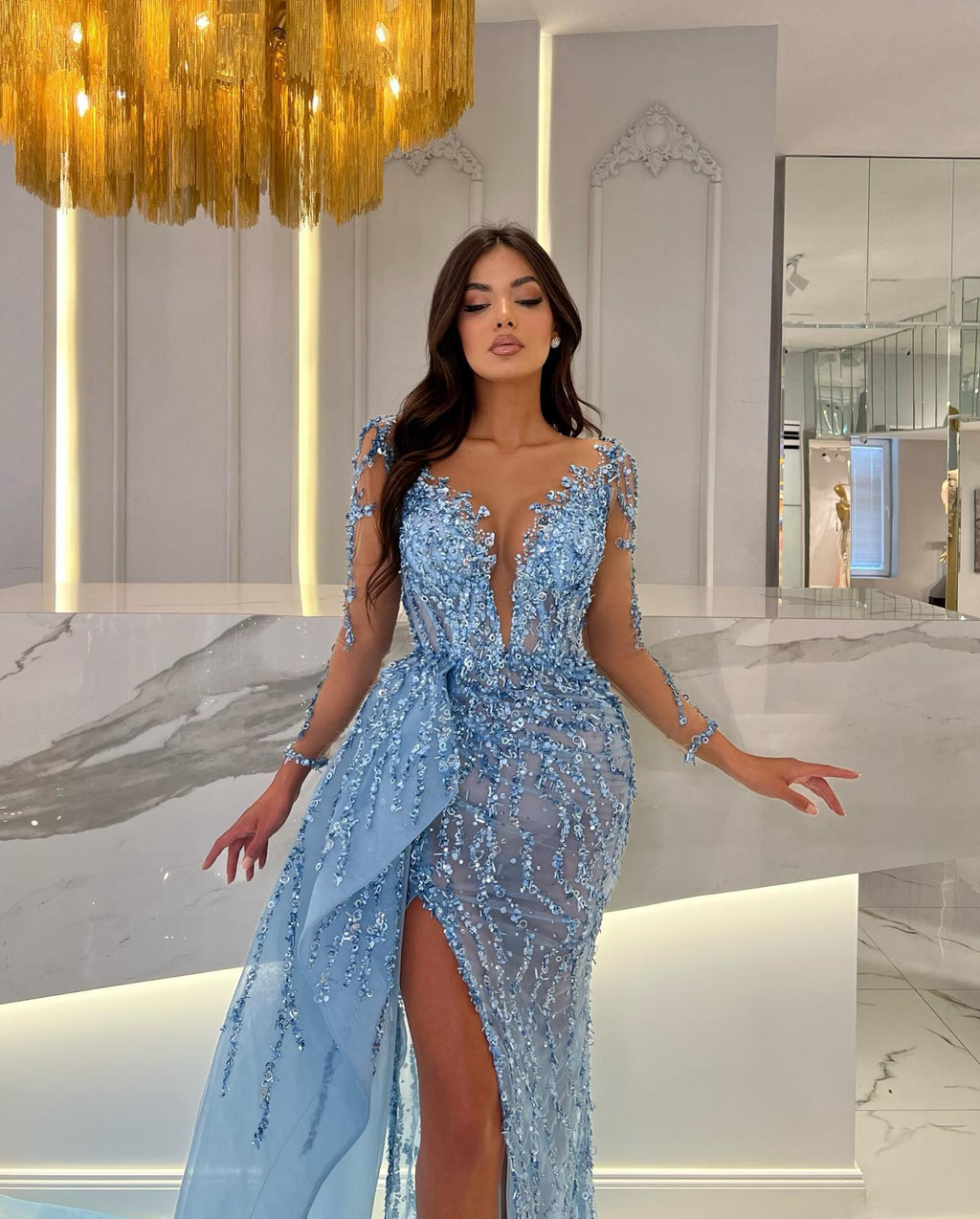 Shiny Blue Split Long Sleeves Mermaid Beaded Prom Dress With Appliques Tulle