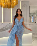 Shiny Blue Split Long Sleeves Mermaid Beaded Prom Dress With Appliques Tulle