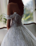 Stunning Tulle Long A Line Wedding Dress With Off The Shoulder Neckline