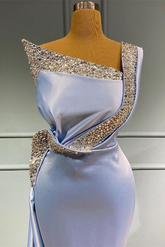 Vestido de Festa Longo Sereia de Um Ombro Só, Sem Mangas, em Cetim com Contas e Folhos