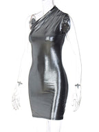 Skinny Asymmetric Shiny Solid Color Split-Joint One-Shoulder Evening Dresses Mini Dresses