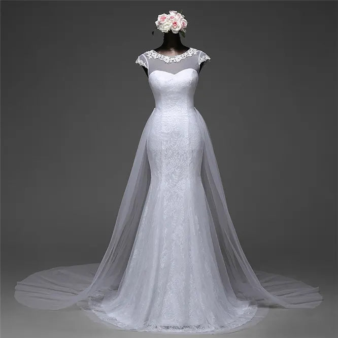 Beautiful Lace Long Mermaid Jewel Wedding Dress With Tulle Overskirt