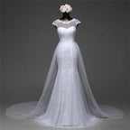 Beautiful Lace Long Mermaid Jewel Wedding Dress With Tulle Overskirt