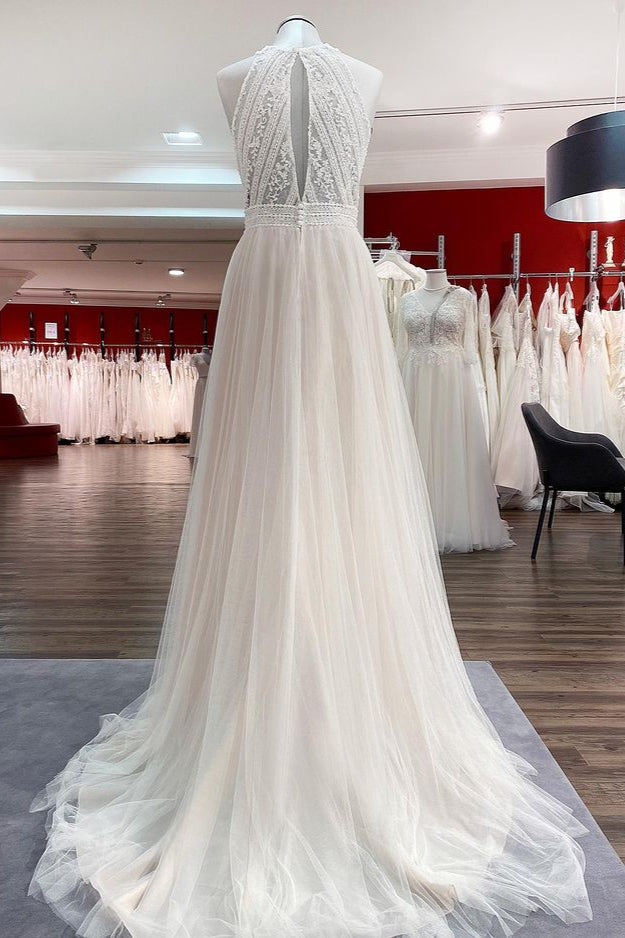 Vintage Long Halter Backless A Line Wedding Dress With Lace And Tulle