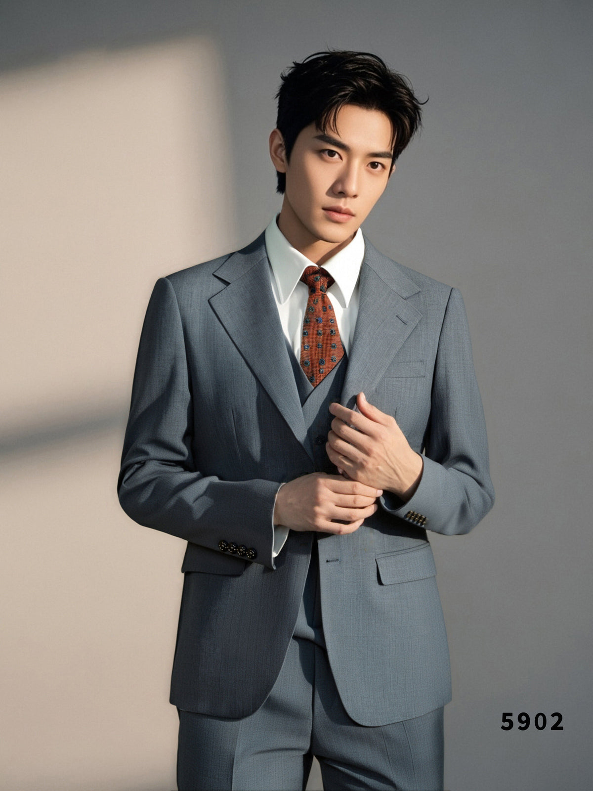 Dusty Blue Pinstripe Wool Tailored 3 Piece Wedding Suit For Groom And Groomsmen