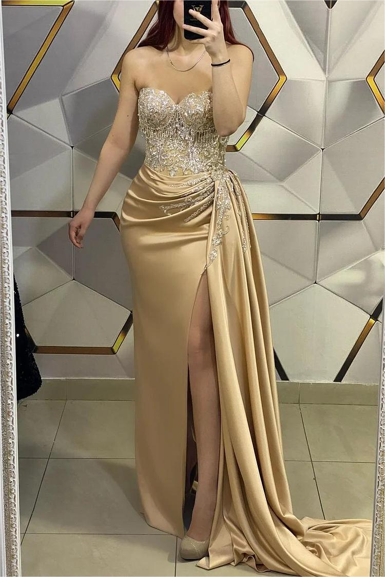 Gold Sweetheart Strapless Sleeveless Pleated Gown With Beading High Split