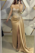 Gold Sweetheart Strapless Sleeveless Pleated Gown With Beading High Split