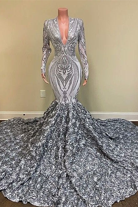 Vestido de Baile Sereia com Renda, Lantejoulas, Decote em V e Mangas Compridas, com Fundo de Flores