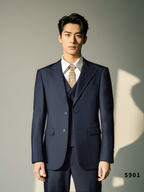 Navy Blue Wool 3 Piece Wedding Suit For Groom And Groomsmen