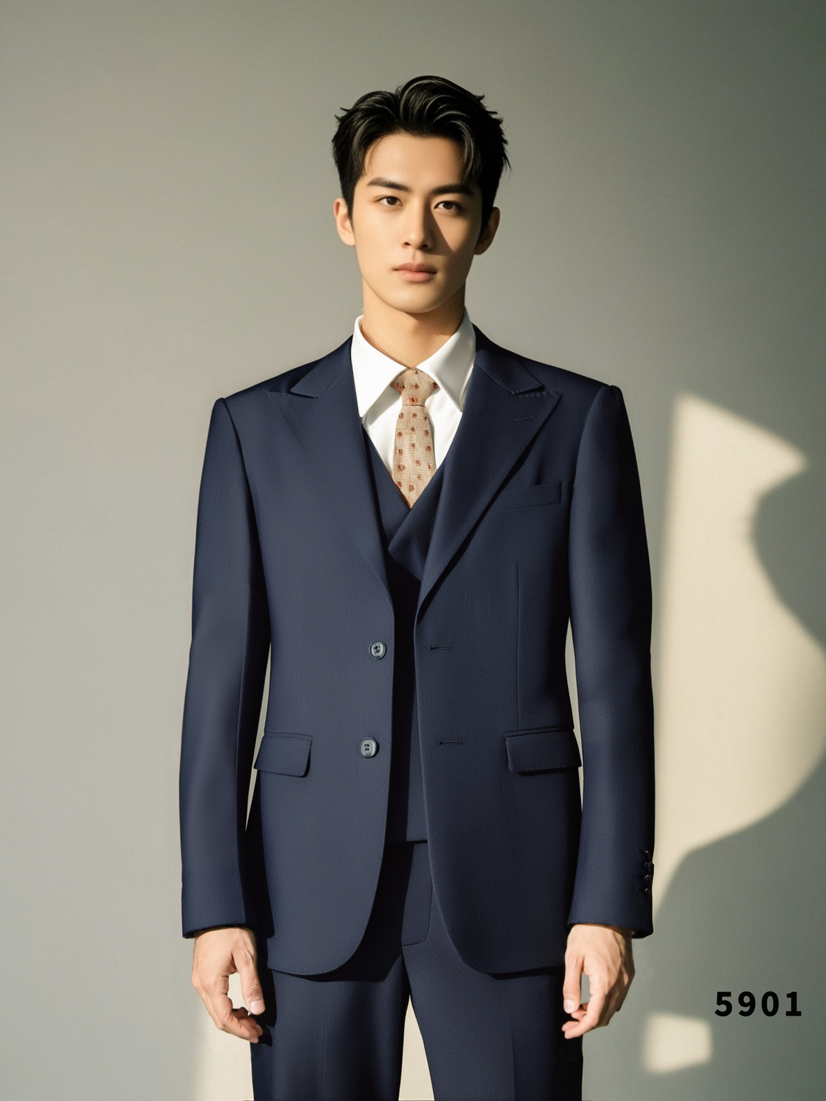 Navy Blue Wool 3 Piece Wedding Suit For Groom And Groomsmen