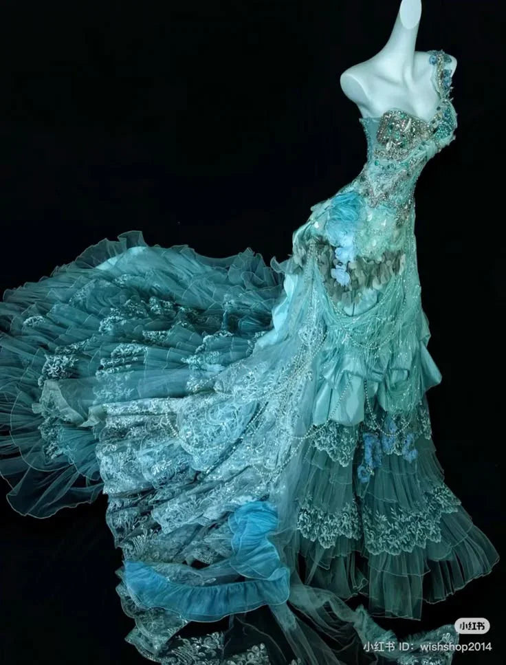 Vestido de Festa Longo de Tule com Renda e Camadas, Ombro Único Dream Y8492