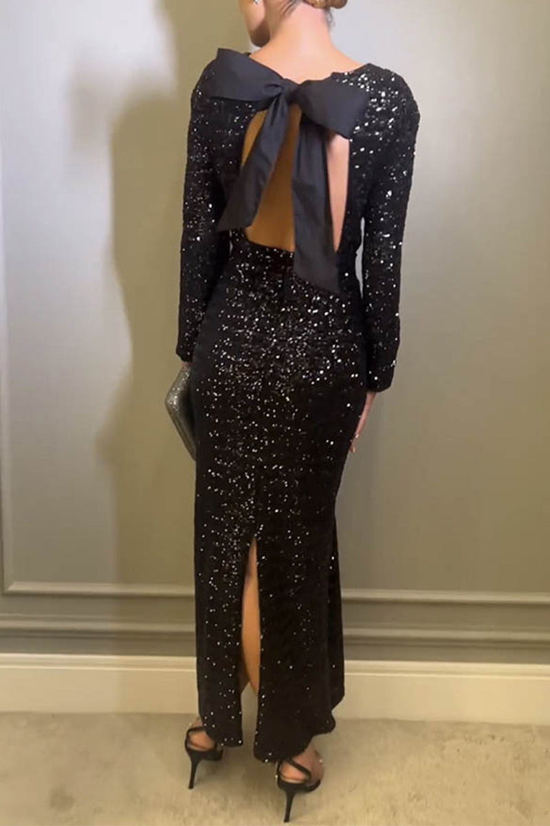 Abito da sera con scollo a O, fiocco e paillettes lisce e sensuali
