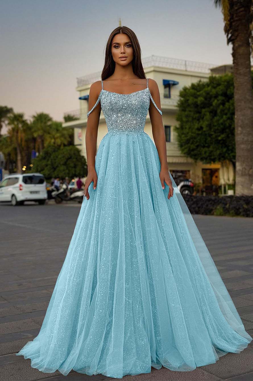 Tulle Spaghetti Strap Sleeveless A Line Prom Dress With Sequins Beads