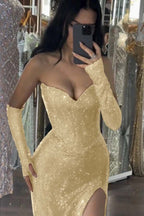 Sequin Strapless Long Mermaid Prom Dress With Split Detachable Sleeves