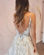 Deep V-Neck Backless A-Line Wedding Dress With Appliques Lace Tulle