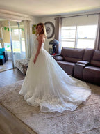 Elegant A Line Off The Shoulder Lace Wedding Dress With Beaded Appliques