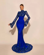 Custom High Neck Lace Mermaid Prom Dress With Pleated Long Sleeves