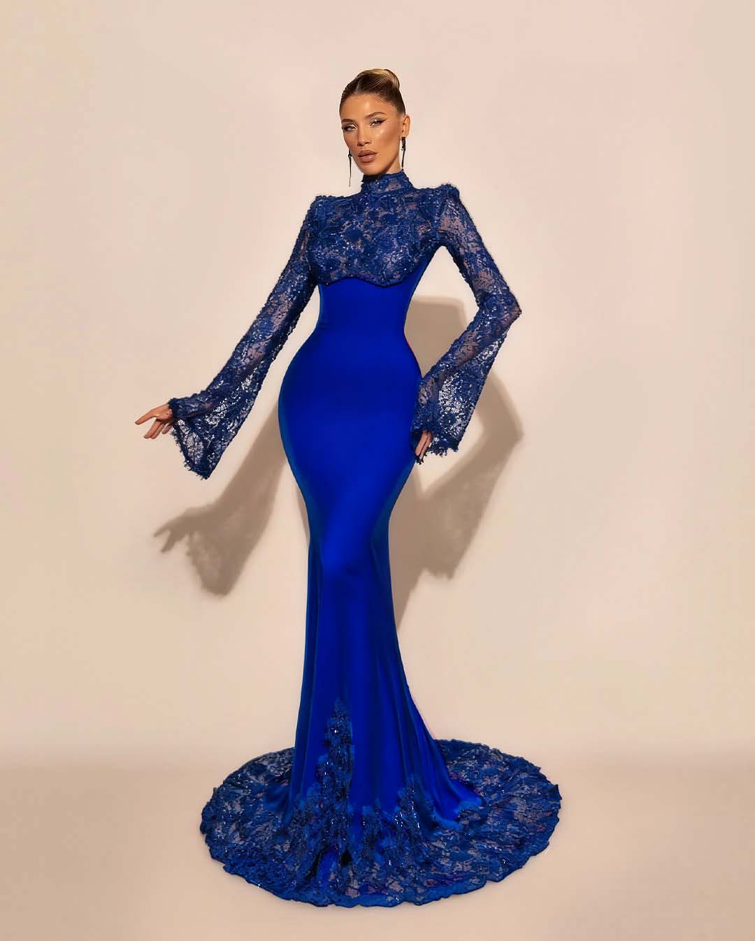 Custom High Neck Lace Mermaid Prom Dress With Pleated Long Sleeves