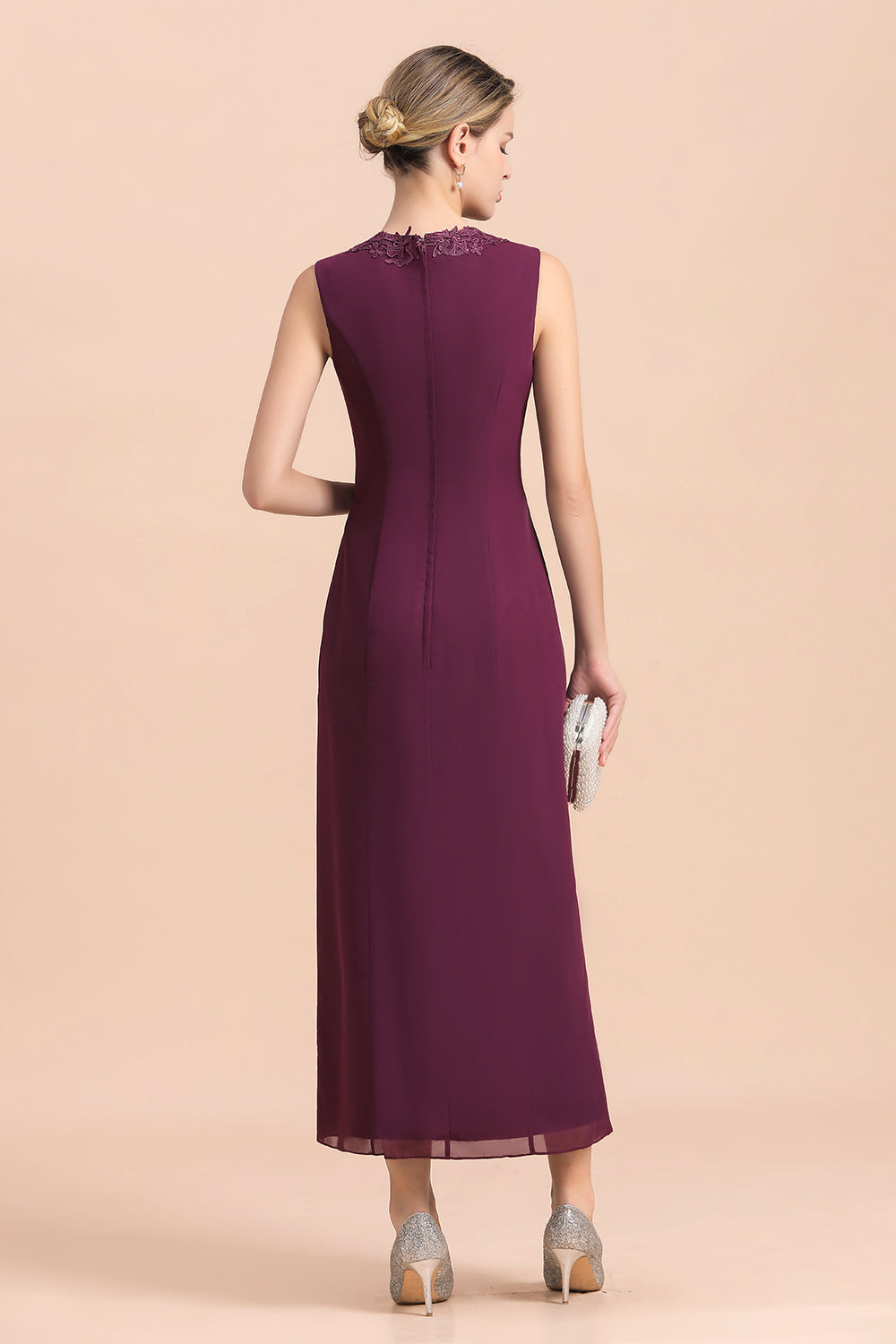 BMbridal Elegant V-Neck SLeeveless Apppliques Grape Mother of Bride Dress with Wraps