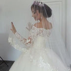 Vintage Off the Shoulder Long Sleeves Ball Gown Wedding Dress with Applique Lace