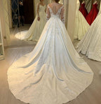 Long Sleeve Pearl Satin Sweetheart A-Line Wedding Dress With Lace Appliques