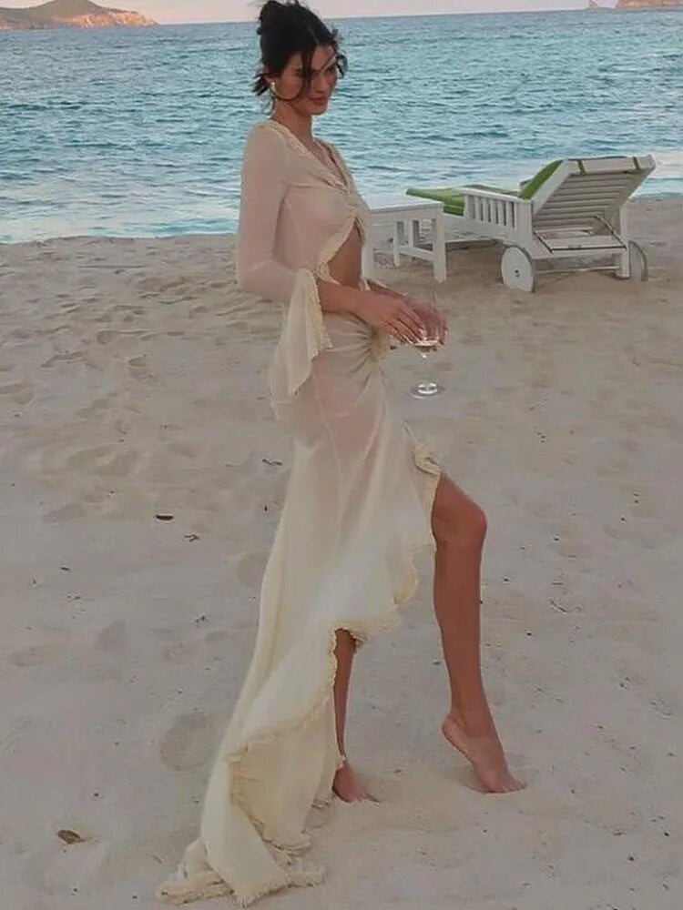 Abito Donna TARUXY con Scollo a V Profondo e Tocco di Trasparenza, Elegante Modello Aderente con Ricami Traforati, Perfetto per Vacanze e Spiaggia, Sexy con Balze e Spacco, Abito da Sera per Signore