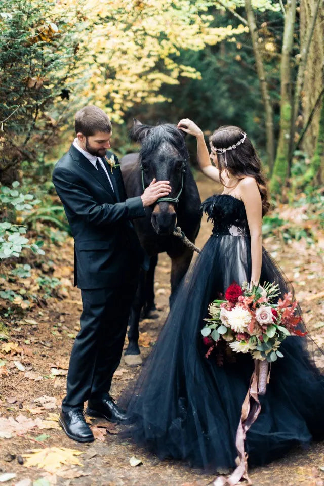 Black Strapless Tulle Long A Line Wedding Dress With Applique Lace