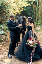 Black Strapless Tulle Long A Line Wedding Dress With Applique Lace