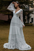 Long Sleeve Lace Boho Wedding Dress For Romantic Vintage Charm