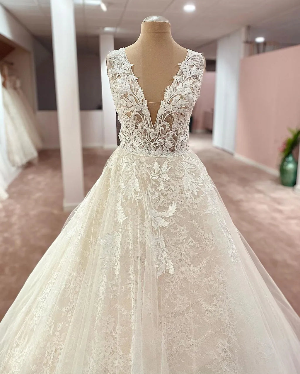Wide Straps A Line Floor Length Deep V Neck Wedding Dress With Lace Tulle
